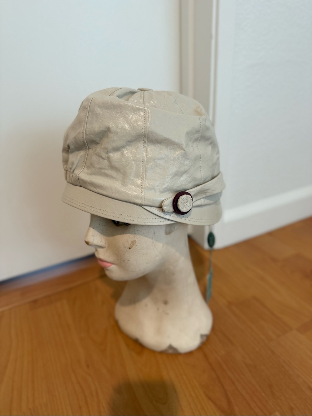 Cream Leather Women's Bucket Hat with Decorative Button